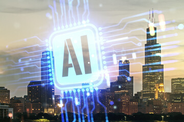 Poster - Double exposure of creative artificial Intelligence icon on Chicago city skyscrapers background. Neural networks and machine learning concept