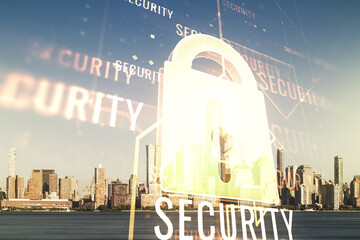 Aufkleber - Virtual creative lock sketch with chip hologram on Manhattan office buildings background, protection of personal data concept. Multiexposure