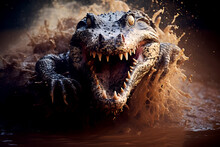 Big Head Of Angry Alligator With Open Mouth And Sharp Teeth While Hunting In Water Close Up