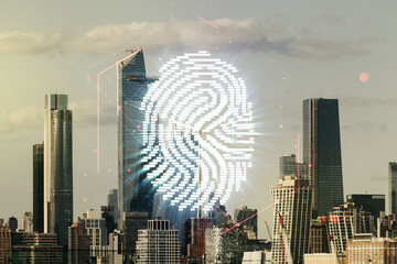 Aufkleber - Double exposure of virtual creative fingerprint hologram on New York city office buildings background, protection of personal information concept