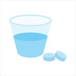 Effervescent pill dissolve in a glass of water. Flat vector illustration of fizzy tablet.
