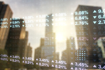 Poster - Multi exposure of creative statistics data hologram on modern skyscrapers background, stats and analytics concept