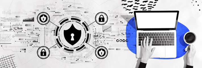Poster - Cyber security theme with person using a laptop computer