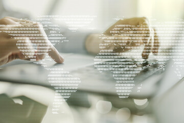 Poster - Double exposure of abstract digital world map and hand typing on laptop on background, big data and blockchain concept