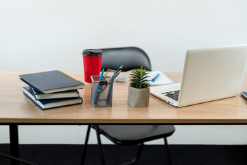 Poster - Workplace with notepad pen calculator laptop, coffee and keyboard