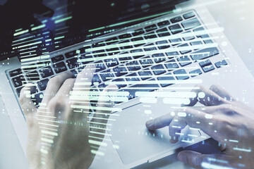Poster - Multi exposure of abstract graphic world map and hands typing on computer keyboard on background, connection and communication concept