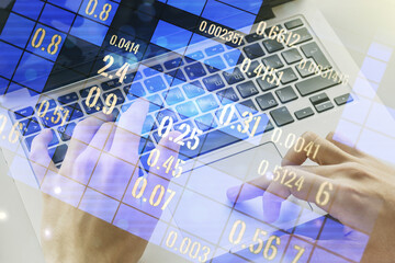 Poster - Multi exposure of abstract statistics data hologram interface with hands typing on computer keyboard on background, computing and analytics concept