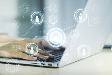 Aufkleber - Social network media concept with hands typing on computer keyboard on background. Double exposure