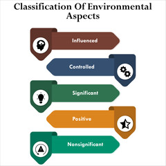 Classification of Environment Aspects - Influenced, Controlled, Significant, Positive, Nonsignificant. Infographic template with icons