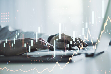 Fototapete - Multi exposure of abstract creative financial chart with hand typing on computer keyboard on background, research and analytics concept