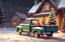 Green Retro Christmas Truck With Gifts And A Christmas Tree In The Back Near A Decorated House In Winter With Snow. A Holiday Card For Christmas And New Year.