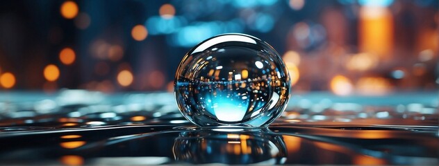 Wall Mural - A glass ball with a reflection of a blurred city lights in it on a reflective surface with a blurry background