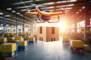 Wall Mural - Flying delivery drone transferring parcel box from distribution warehouse to automotive garage customer service repair center background. Modern innovative technology and gadget, Generative AI