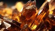 a close-up of brown quartz crystals with a deep amber hue. The crystals have sharp edges and clear facets that reflect the light, creating a sparkling effect