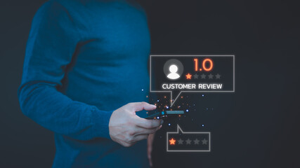 Poster - Customer review and feedback with one star on virtual screen. Assessment testimonial review for dislike service and low quality. Business concept of customer experience dissatisfied by smartphone.