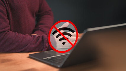Poster - Technology concept of wifi connected but no internet. Man using a laptop computer to connect to wifi but wifi not connected or password is incorrect and waiting to loading digital data form website.