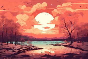 Poster - Winter Sunsets and Sunrises: The low angle of the sun in winter can create stunning color palettes in the sky. - Generative AI