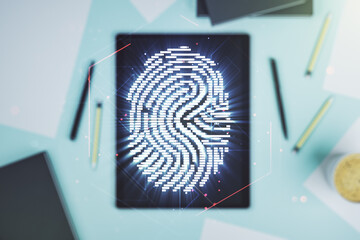 Poster - Multi exposure of creative fingerprint hologram and digital tablet on background, top view, personal biometric data concept