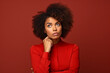 Confused, question and why black woman on studio red background, body language and facial gesture for risk decision, shrug and reaction, Uncertainty, unsure and frustrated model, doubt and confusion