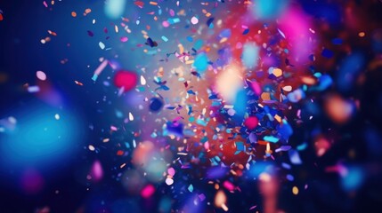 A festive and colorful party with flying neon confetti on a purple, red and blue background