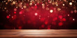 Empty old wooden table over magic red Christmas bokeh background