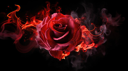 Red rose wrapped in smoke swirl on black background