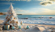 Decorated with silver balls and snow Christmas tree on the beach on background of sea view with waves and sand
