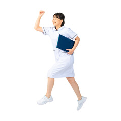 Aufkleber - ジャンプする白衣を着た女性　看護師　医師　エステティシャン　切り抜き背景透過PNG