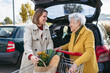 © Halfpoint - Mature granddaughter helping grandmother load groceries in to the car. Senior woman shopping at the shopping center.