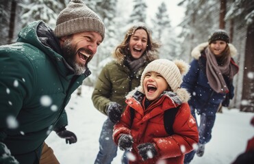 Kids and parents laughing during snowball fight in the forest. Happy family during a winter walk in the park.