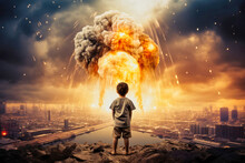 A Small Child Against The Background Of An Explosion And Fire. War. A Child Looks At The Fire And Destruction Of His House.