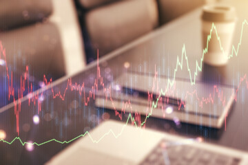 Poster - Multi exposure of abstract financial graph on laptop background, financial and trading concept