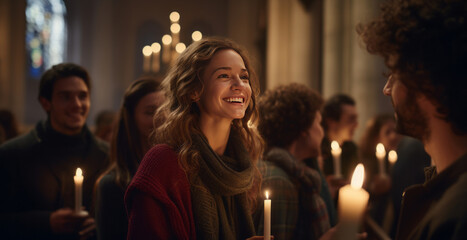  Christmas service in a church, parishioners holding candles, embodying the warmth and unity of the holiday season.