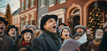 Group Of Carolers Singing Traditional Christmas Songs In Front Of A Festively Decorated Building, Embodying The Spirit Of The Holiday Season.