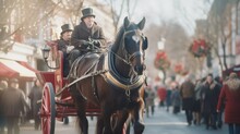 A vintage horse-drawn carriage adding a touch of nostalgia to a bustling Christmas market, adorned with festive decorations and filled with holiday spirit.