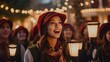 A heartwarming scene of carolers, illuminated by the soft glow of lanterns, filling the winter air with melodious Christmas carols.