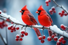 Winter Birds: Photograph Birds Such As Cardinals, Chickadees, And Blue Jays Against A Snowy Backdrop. - Generative AI