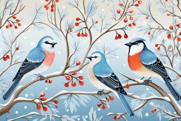 Canvas Print - Winter Birds: Photograph birds such as cardinals, chickadees, and blue jays against a snowy backdrop. - Generative AI