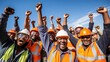 A Construction workers raise their hands in joy on white isolated background.