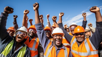 Wall Mural - A Construction workers raise their hands in joy on white isolated background.