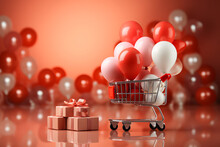 Shopping Cart With Gift Boxes And Red Balloons On Bokeh Background. Ia Generative