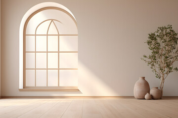 Wall Mural - Empty wooden floor room, arched window and natural tree, in the style of soft, muted color palette