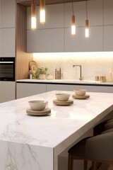 Modern white marble top dining table island, pendant light in luxury beige kitchen counter, hidden light, splash back, cabinet counter, cupboard for interior decoration product display, Generative AI