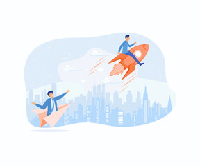 Poster - business competition. businessman riding fast rocket to win against other origami airplane, flat vec