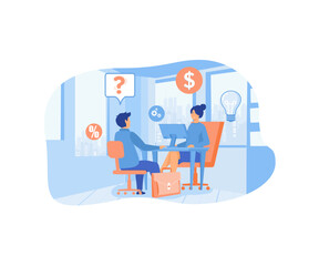 Poster - Financial Consultation. Businessman talking with female financial consultant. Investment planning, banking. flat vector modern illustration 