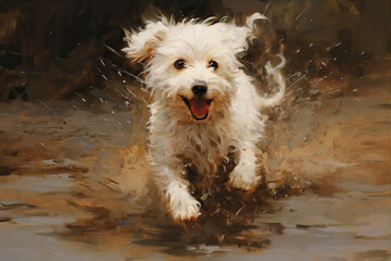 Wall Mural - Cute white dog runs through a puddle
