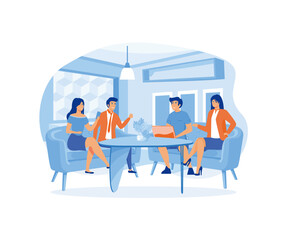 Poster - Team of people sitting at desk with laptops, working together, discussing start up. Meeting of colleagues.  flat vector modern illustration 