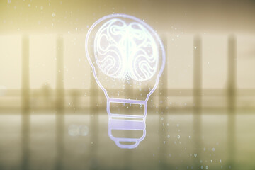 Aufkleber - Double exposure of abstract virtual creative light bulb hologram with human brain on empty modern office background, idea and brainstorming concept