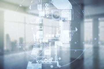 Poster - Double exposure of creative artificial Intelligence hologram on empty modern office background. Neural networks and machine learning concept