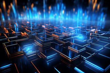 abstract ai technology, security, network background, digital background, square line, neon circuit, blue neon